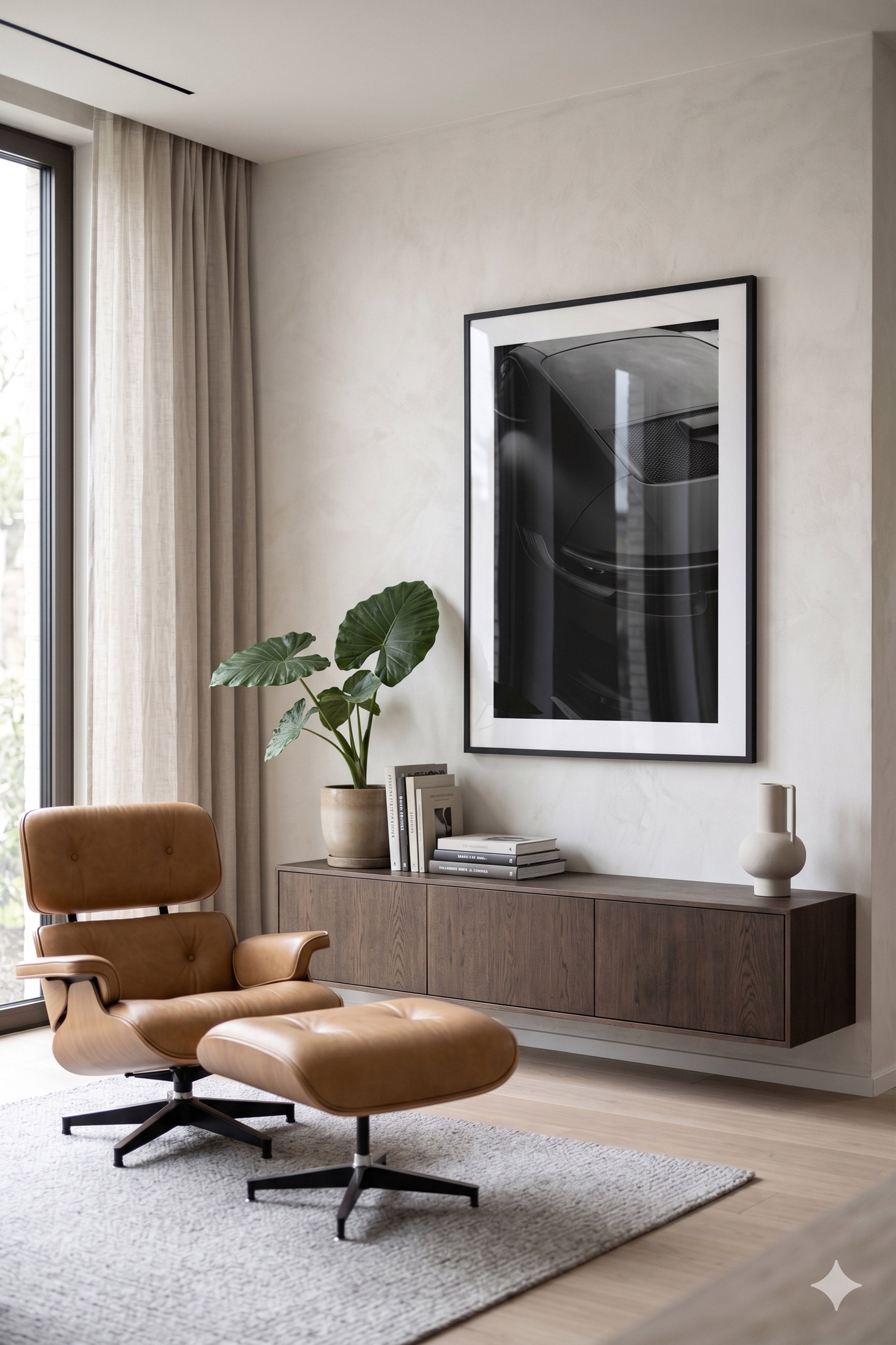 Framed black and white Porsche supercar print in modern luxury interior.